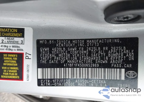 2013 Toyota Camry Se from USA, damaged, VIN 4T1BF1FK5DU652869